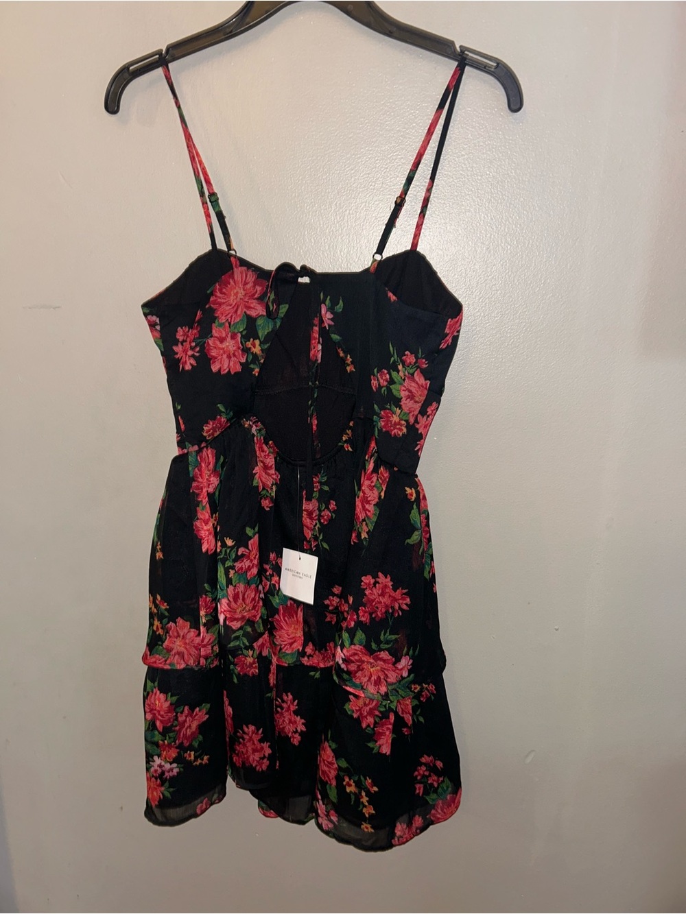 American Eagle Outfitters Dress - black/red floral Ruched Tie-Back Mini  NWT - Picture 6 of 12